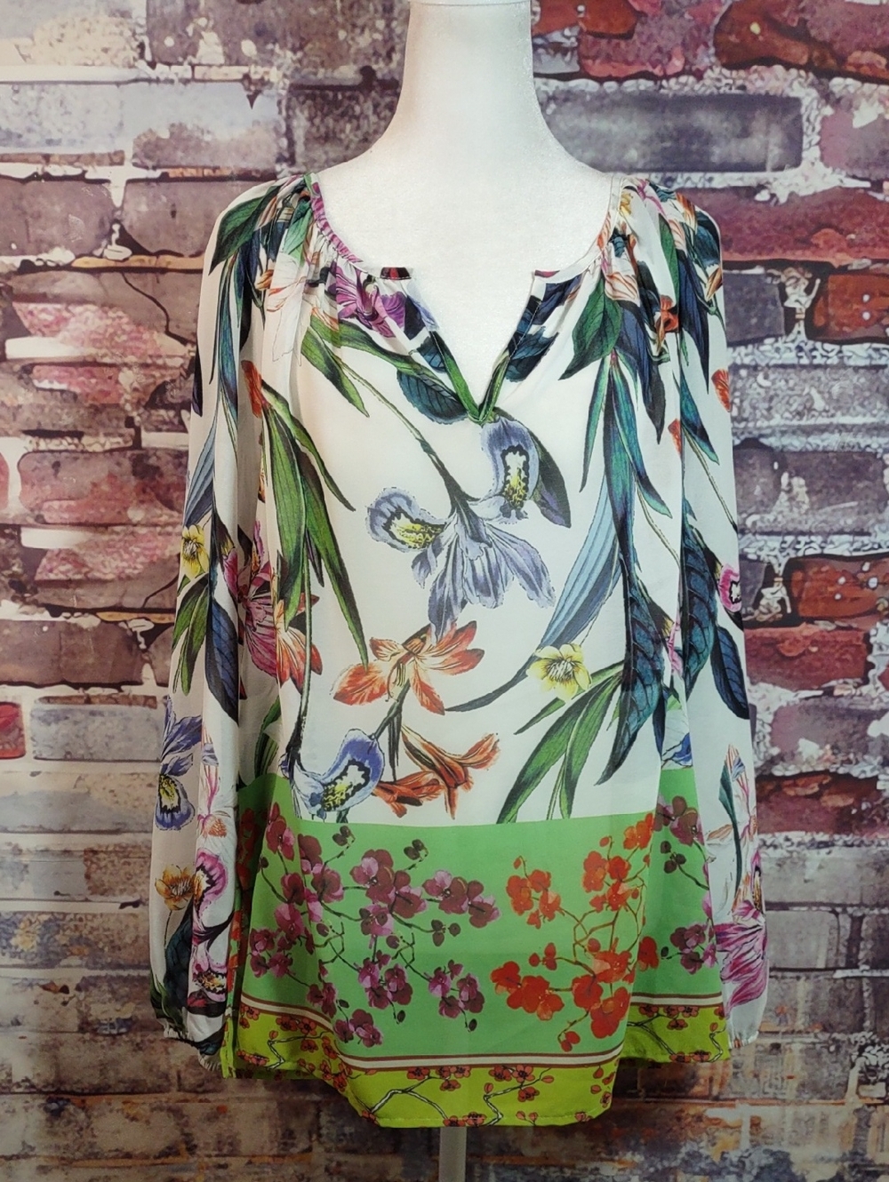 Karen Kane Floral Border Print Peasant Top